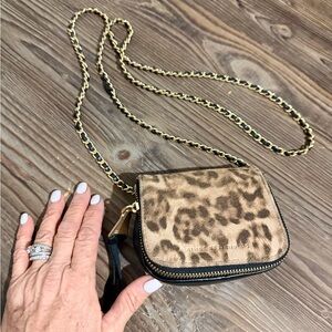 Leopard Print faux fur front zipper close small Crossbody Bag